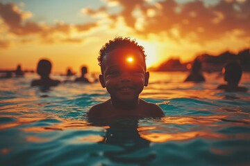 Sticker - Boy enjoys sunset swimming in tranquil water with friends during summer evening