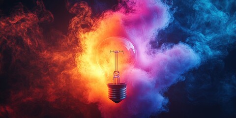 Poster - Light bulb illuminated in vibrant colorful cloud background creating a unique artistic visual