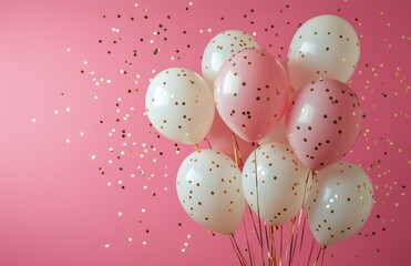 Wall Mural - Balloons with golden confetti create a festive atmosphere for celebrations in a bright pink setting