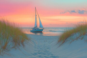 Wall Mural - Sailboat anchored at sunset near sandy beach with grass framing the serene ocean view