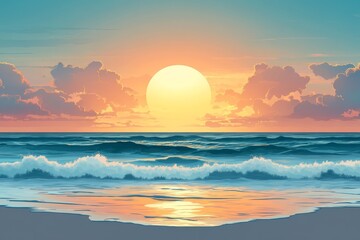 Wall Mural - Stunning sunset over a tranquil ocean with soft waves gently lapping at the shore