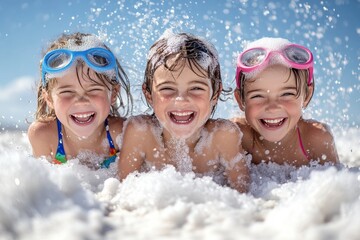 Wall Mural - Happy children enjoying a day at the beach while playing in the waves and splashing each other with water