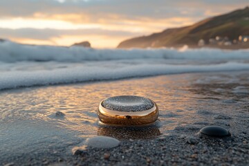 Wall Mural - Glowing stone rests on sandy beach during sunset with gentle waves rolling in from the ocean