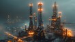 © Prostock-studio - Massive industrial complex featuring tall structures illuminated by vibrant lights during nighttime, showcasing a dramatic skyline with fog and atmospheric conditions.