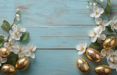 Wall Mural - Spring celebration with golden eggs and blooming flowers on a light blue wooden background