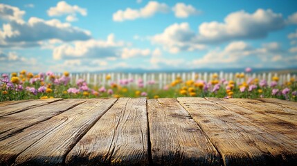 Canvas Print - Wooden Table Surrounded by Colorful Wildflowers