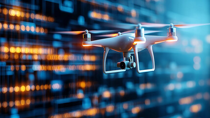 Poster - A high-tech drone flying against a backdrop of glowing digital data streams, representing advanced technology innovation