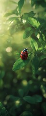 Wall Mural - Ladybug on leaf, sunlit garden, bokeh background, nature photography