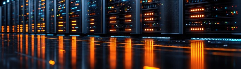 Poster - row of servers in a data center with blinking lights and organized cabling for data processing