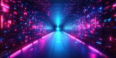 Poster - Dark tunnel with neon lights illuminating a long corridor in an urban environment