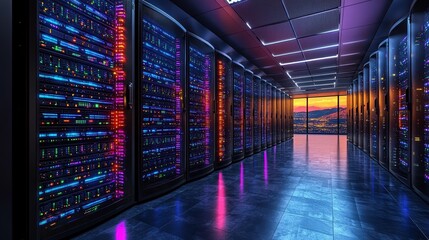 Poster - Long row of server racks in a data center with led lights and cables visible on the shelves