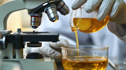 Poster - Scientist pouring colorful liquid into a clear glass during laboratory experiment with safety equipment