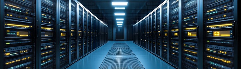 Poster - Long row of rack servers in a data center with blinking lights and cables organized neatly