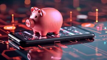 Poster - Digital finance concept featuring a piggy bank on a smartphone among vibrant technology graphics