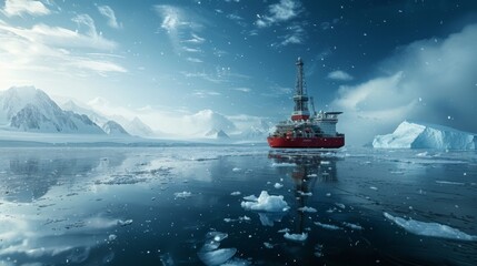 Poster - A research vessel is moving through pristine icy waters surrounded by towering mountains and floating icebergs in a polar environment, illuminated by natural light.