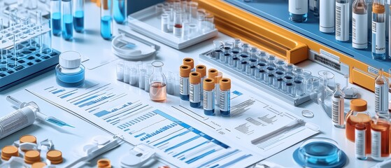 Poster - Laboratory equipment arrangement on table including beakers test tubes and measuring tools