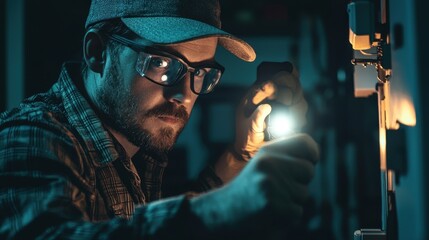 Poster - Focused Technician with Flashlight Working in Dimly Lit Workshop