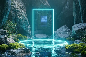 Wide hexagonal podium in soft cyan, surrounded by moss-covered rocks and water ripples, with a minimalist floating glass billboard.