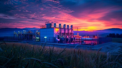 Poster - An industrial facility is illuminated by vibrant colors of sunset, surrounded by serene fields and distant mountains, showcasing a blend of nature and industry during twilight.
