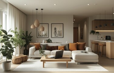 Wall Mural - Cozy living room interior design with modern decor and green plants in a contemporary space