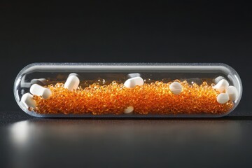 Aufkleber - Colorful capsules filled with orange beads and white tablets displayed in a clear tube on a dark surface