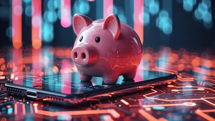 Poster - Piggy bank on smartphone with digital circuit background representing saving money in the tech era