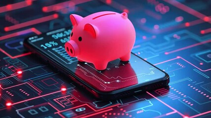 Poster - Digital money management with a pink piggy bank on a sleek smartphone device featuring high-tech graphics