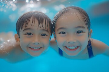 Wall Mural - Kids enjoying playful moments underwater in a bright pool on a sunny day