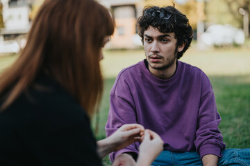 Poster - A young couple sitting on grass, engaged in a thoughtful conversation. The supportive environment and natural setting enhance the moments intimacy and connection between them.