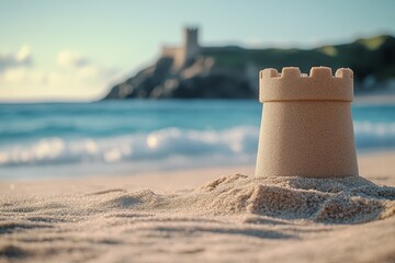 Wall Mural - Beautifully crafted sandcastle on a sunny beach with ocean waves in the background