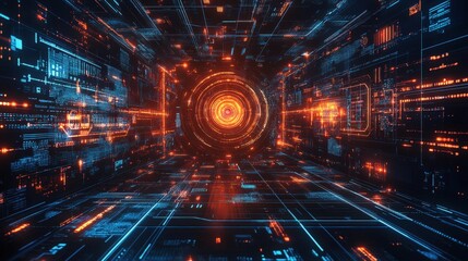 Poster - Futuristic tunnel with glowing lights and circular design in a modern architectural setting