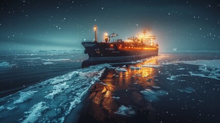 Poster - An icebreaker ship moves through frozen waters, illuminated by bright lights, creating reflections on the surface under a clear night sky filled with stars.