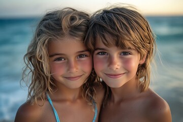 Wall Mural - Children enjoying a joyful moment by the beach during sunset