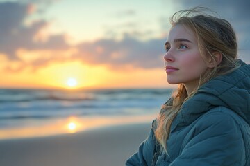 Wall Mural - Young woman reflecting by the beach during sunset, with gentle waves and colorful sky in the background