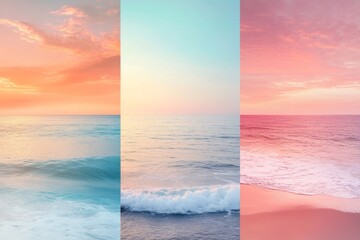 Wall Mural - Sunset over the ocean showcasing calming waves and pastel colors along the shoreline at dusk