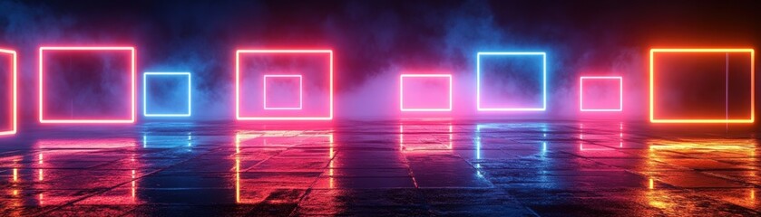Poster - Neon lights illuminating a dark room with colorful reflections and shadows on the walls and floor