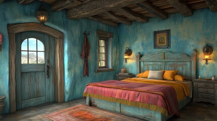 Poster - Rustic Turquoise Bedroom, Mountain View, Southwest Decor, Interior Design