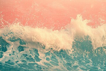 Wall Mural - Waves crashing against the shore at sunset with vibrant pink and blue sky in a serene coastal setting