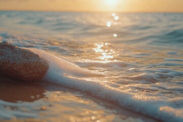 Wall Mural - Calm waves gently wash over sandy shore at sunset, creating a serene atmosphere in the warm glow of the evening light