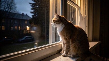 Low Light Window Cat: Domestic feline gazing outside at night, serene domestic scene.