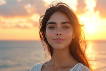 Wall Mural - Young woman enjoying a sunset by the ocean with a serene smile