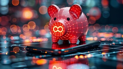 Poster - Piggy bank on smartphone screen showcasing the integration of finance and technology in a digital age