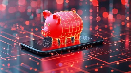 Poster - Digital piggy bank on smartphone screen representing modern financial technology in a vibrant electronic environment