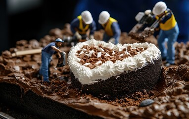 Wall Mural - A whimsical cake featuring miniature construction workers decorating a heart-shaped chocolate treat with cream and chocolate bits.