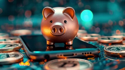 Poster - Modern financial concepts with a piggy bank on a smartphone surrounded by cryptocurrency coins