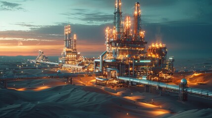 Leinwandbilder - An expansive industrial complex stands brightly lit against a dusky sky in a desert, with towering structures and intricate pipelines indicating high tech energy production.