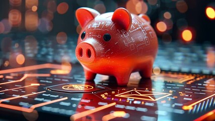 Poster - Digital piggy bank on a futuristic interface in a tech-inspired environment with glowing elements