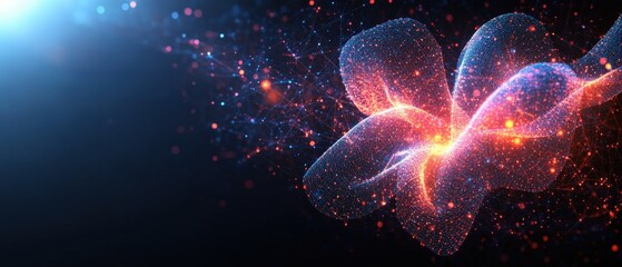 Poster - Flower composed of glowing particles with vibrant colors on a dark background in an abstract style