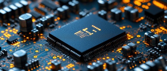 Poster - Close up of a circuit board featuring a blue microchip and electronic components