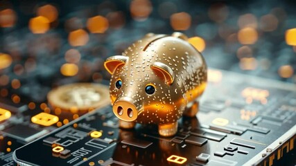 Poster - Golden piggy bank on digital circuit board with cryptocurrency elements illuminated in 4K resolution